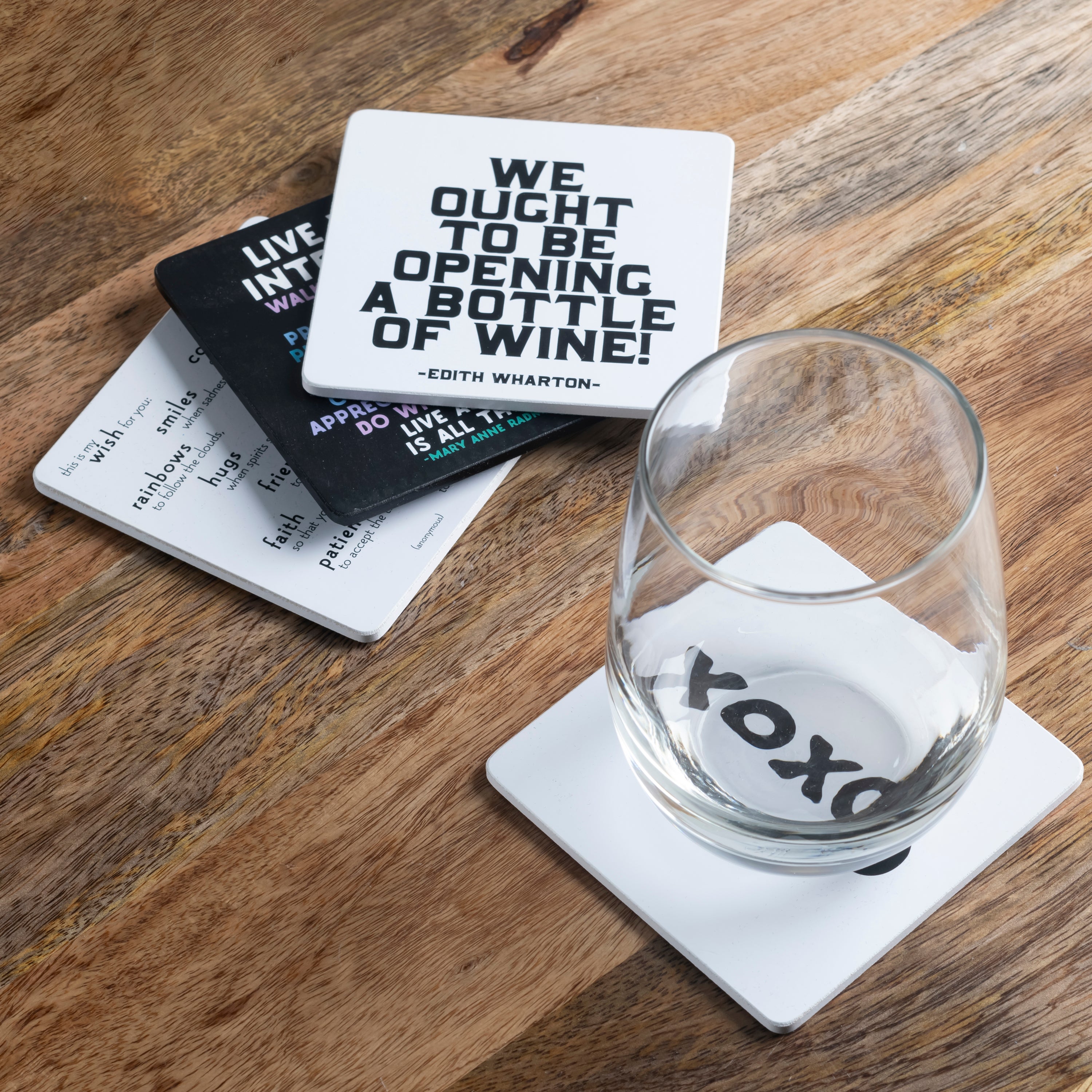 "think happy thoughts" coaster