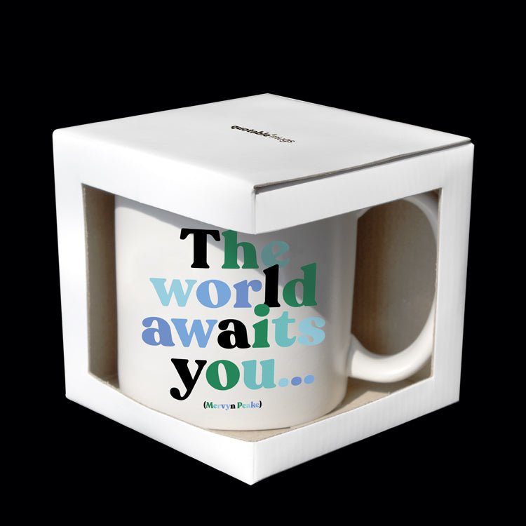 "the world awaits you" mug